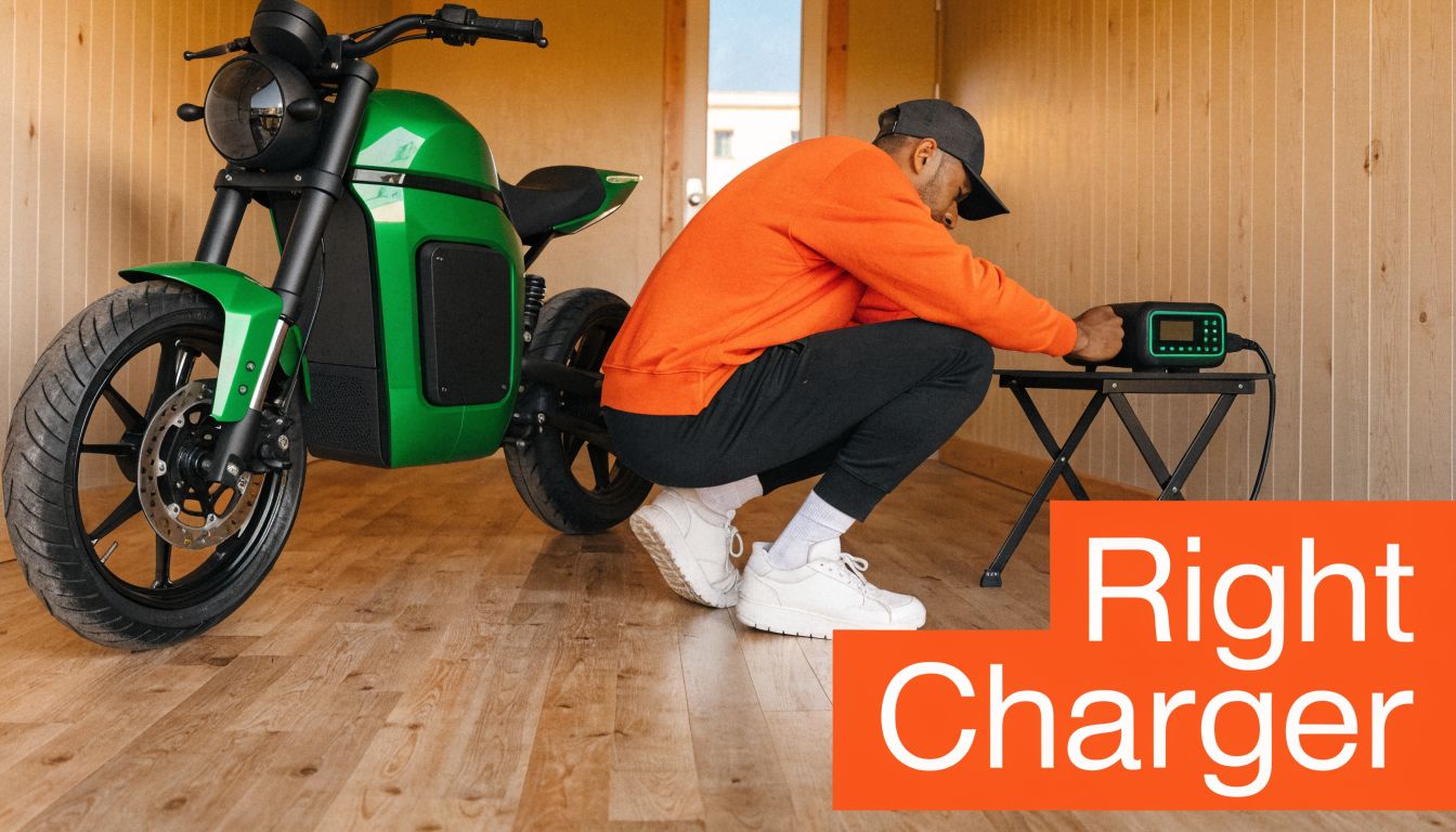 A person in an orange sweatshirt kneeling while connecting an electric charger to a green electric motorcycle.