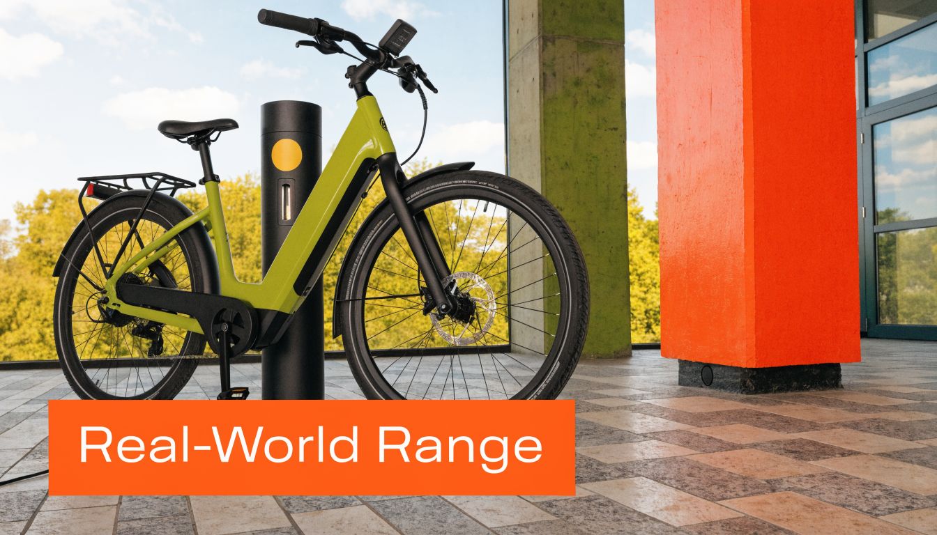 A lime green electric commuter bike parked next to a modern charging post on a tiled patio.