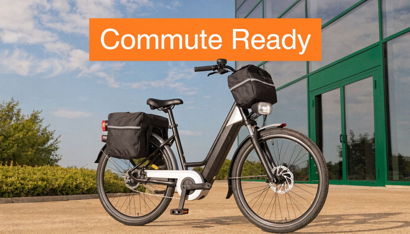 A black electric commuter bike parked outdoors with bags on the back and a front storage bag.