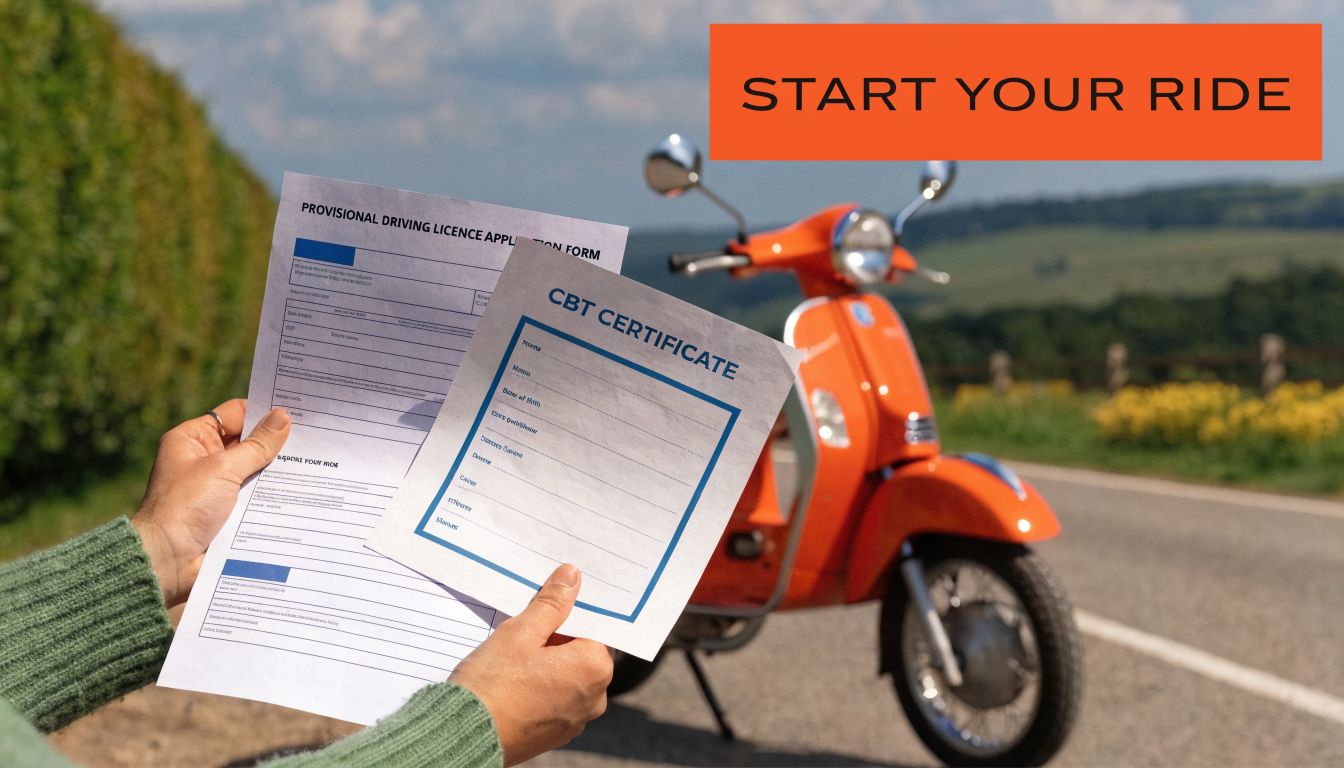A person holding a provisional driving licence application and CBT certificate in front of a moped.