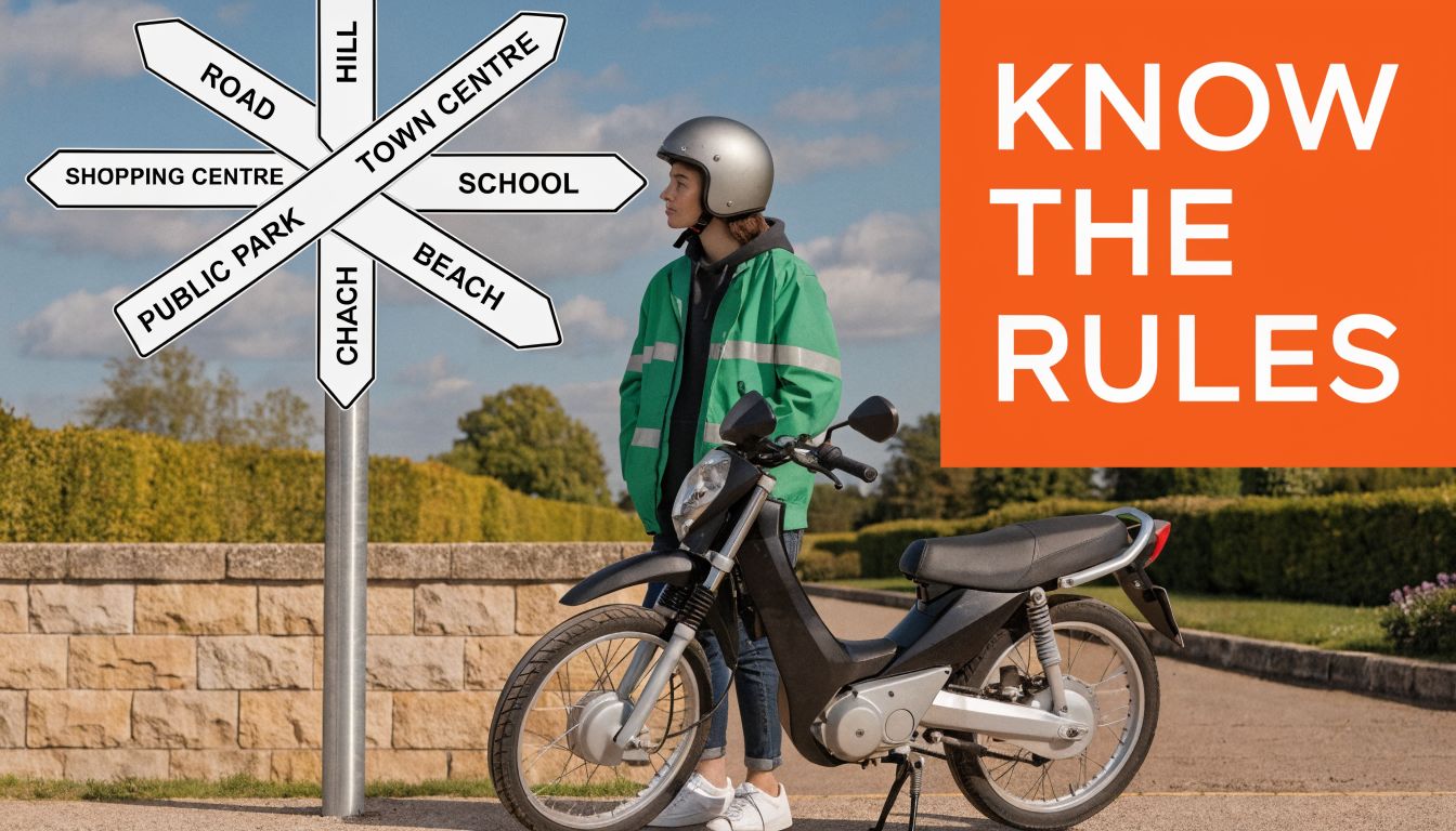 A person in a helmet and reflective jacket stands next to a moped near signposts.