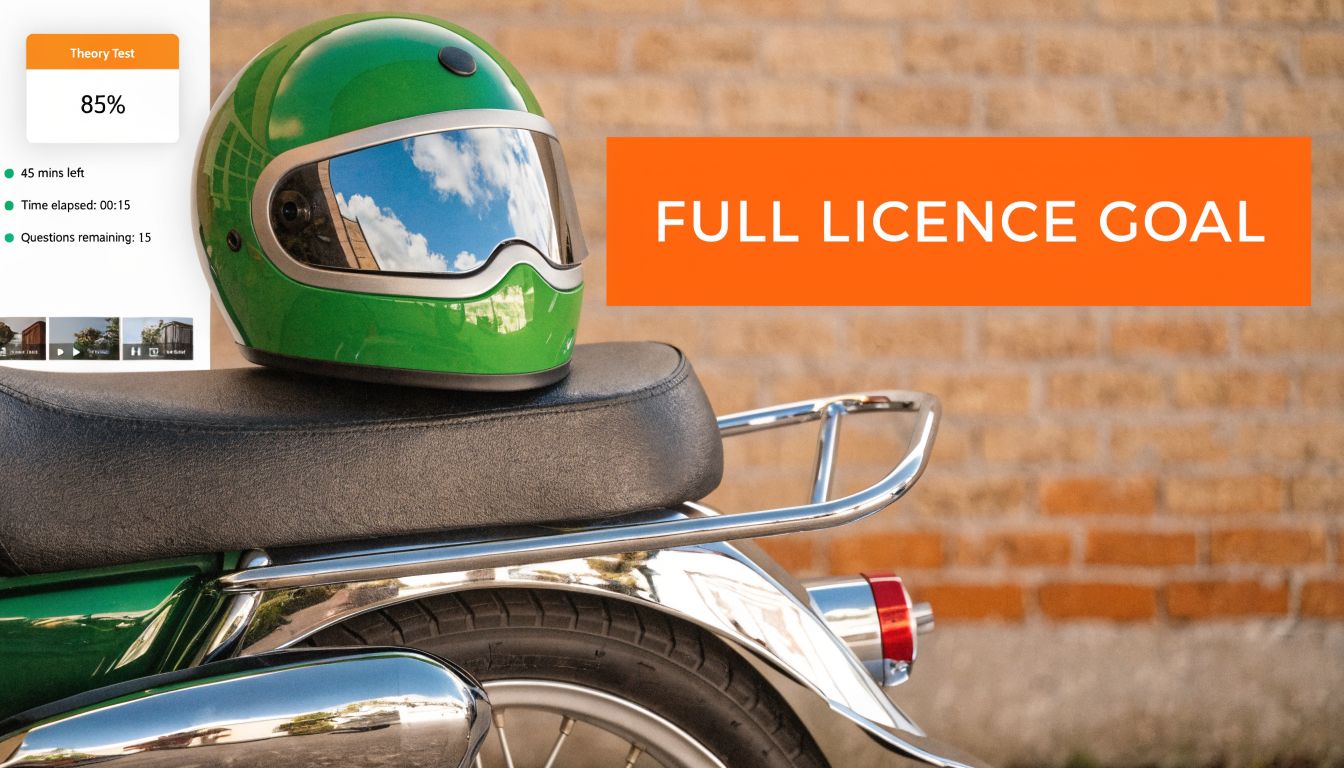 A green motorcycle helmet sits on a bike seat next to a digital theory test progress display.