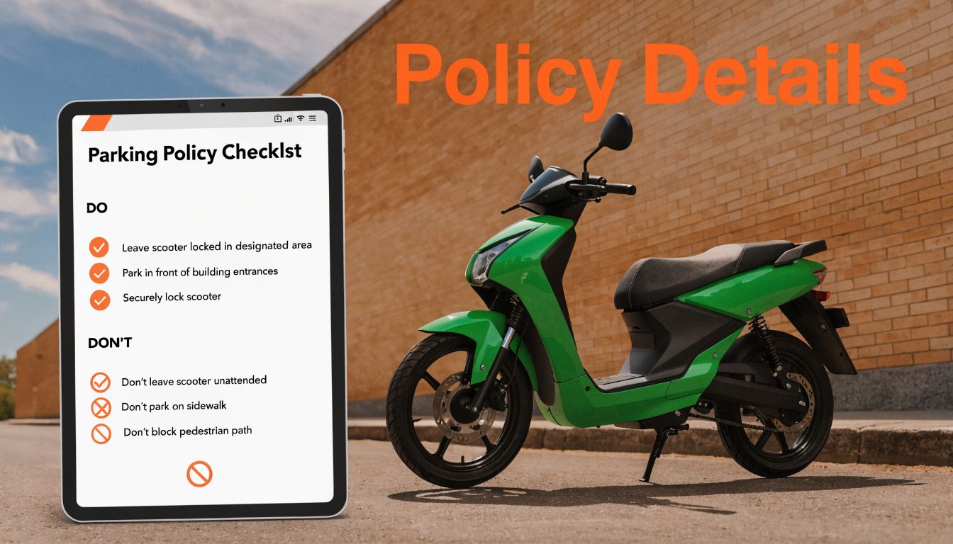 A digital tablet displaying an electric scooter parking policy checklist next to a parked green scooter.