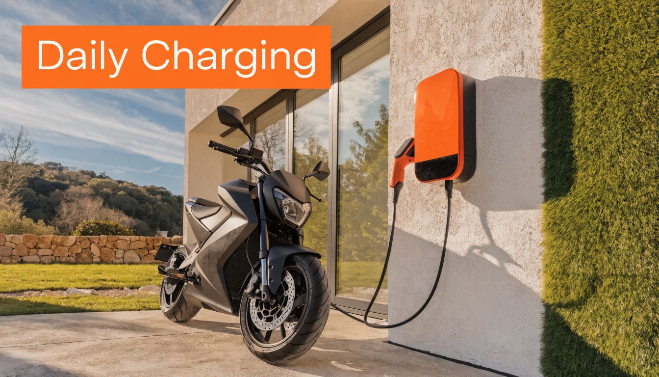 A modern black electric motorcycle charging at a wall-mounted orange home EV charging station.