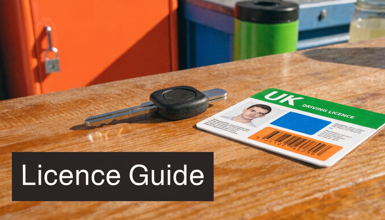 A UK driving licence and a car key resting on a wooden surface for license information.
