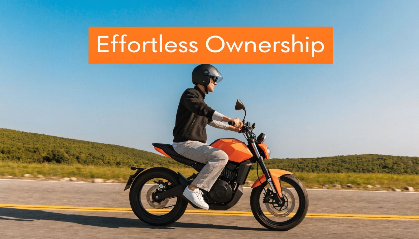 A rider wearing a helmet on a bright orange electric motorcycle cruising down a sunny highway.