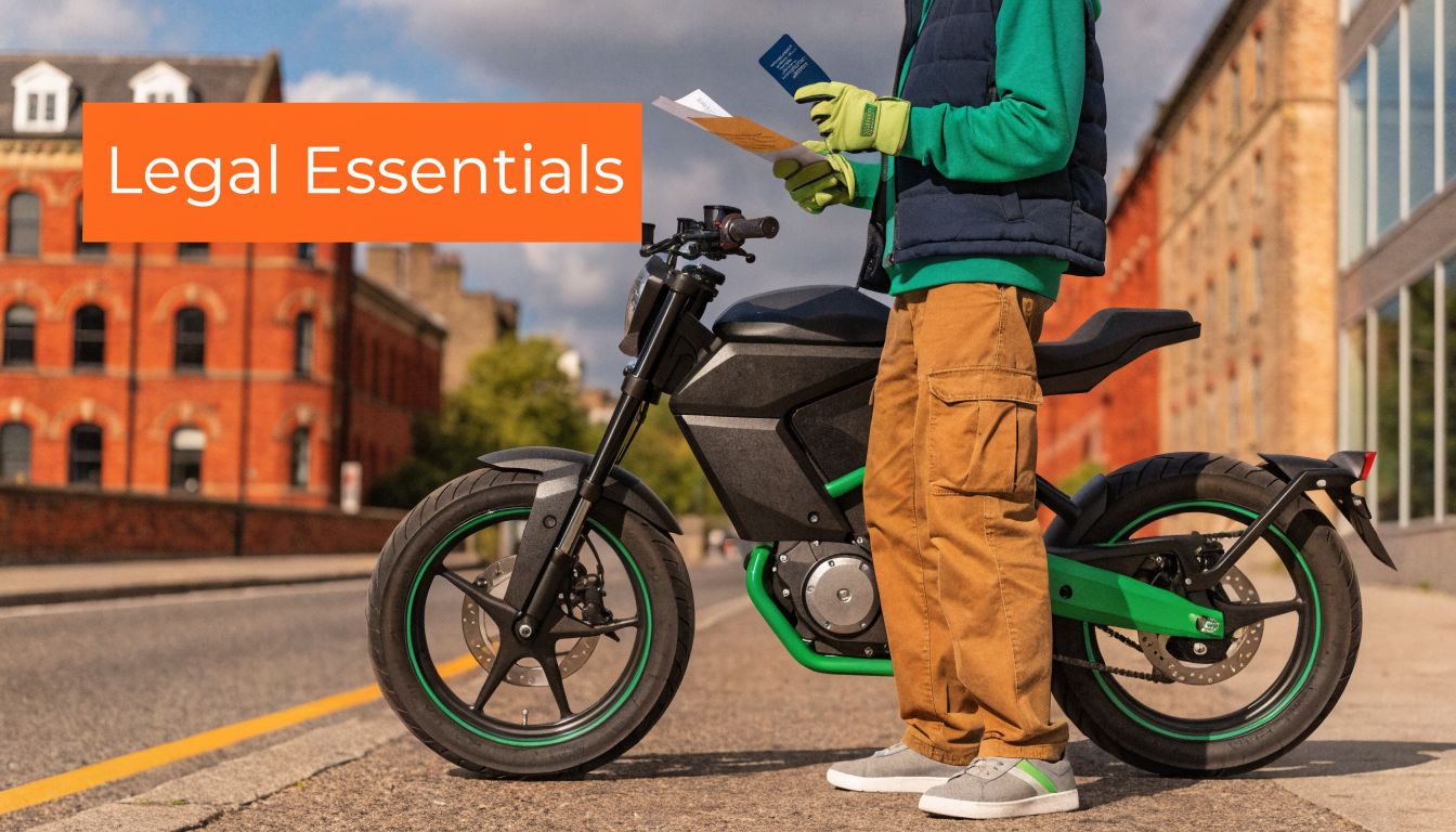 A person standing with an electric motorcycle while holding documents on a sunny city street.