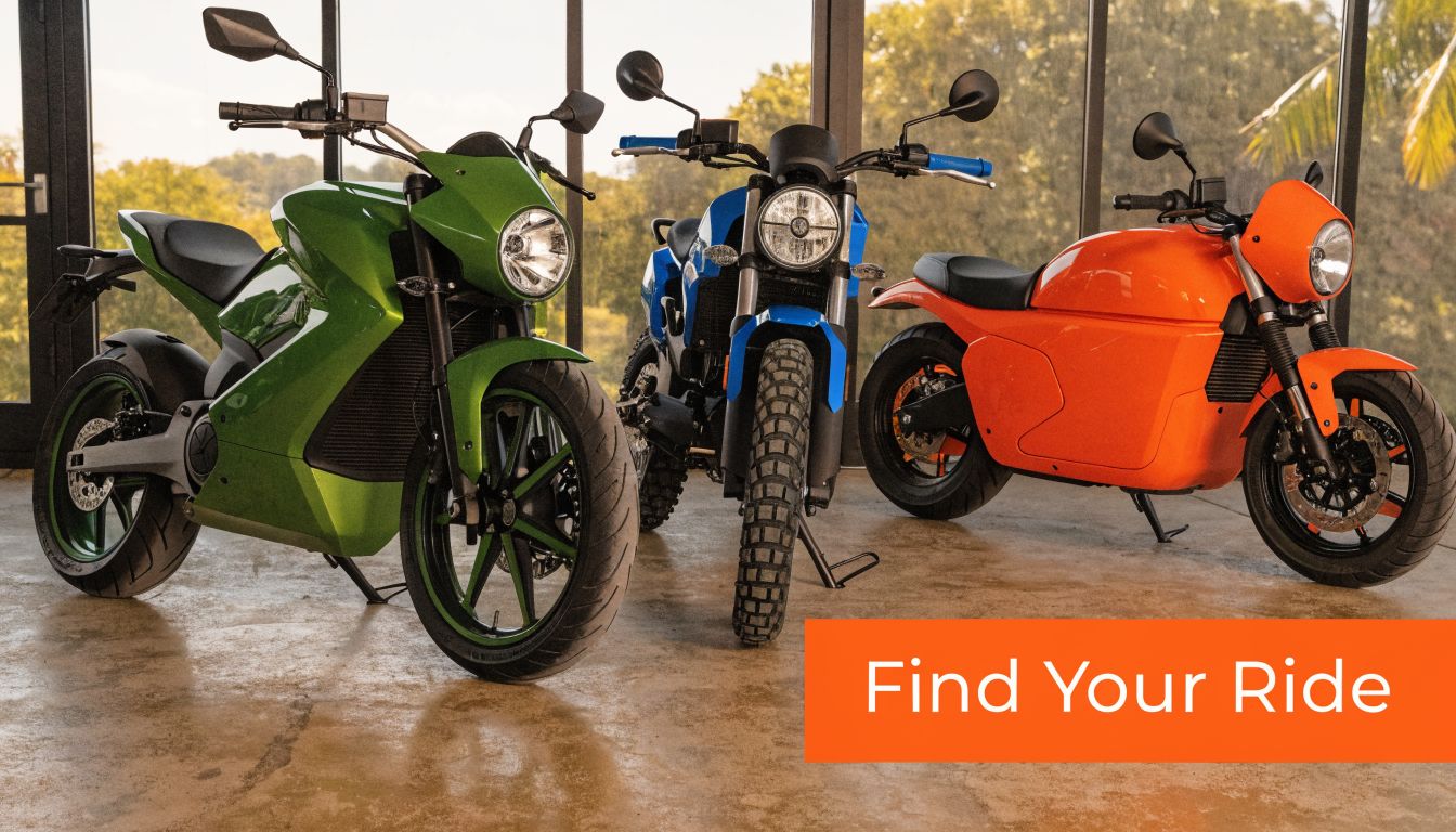 A line of three colorful electric motorcycles parked inside a showroom with large glass windows in the background.