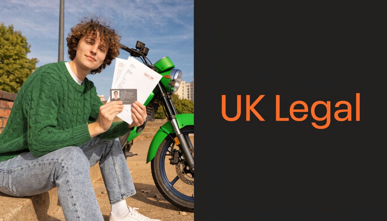 A young man with curly hair holding a motorcycle license and papers while sitting near his motorcycle.