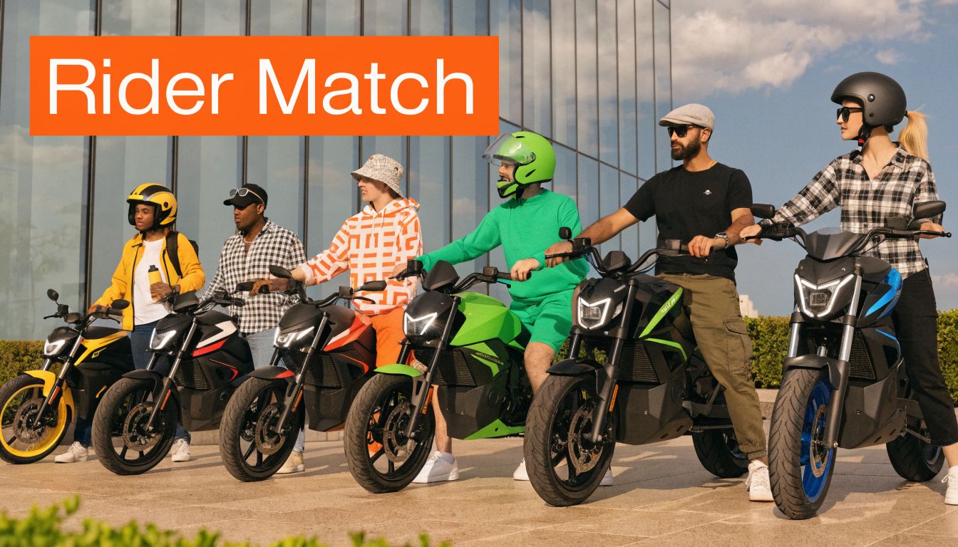 A diverse group of riders posing with their stylish electric motorcycles outside a modern glass office building.