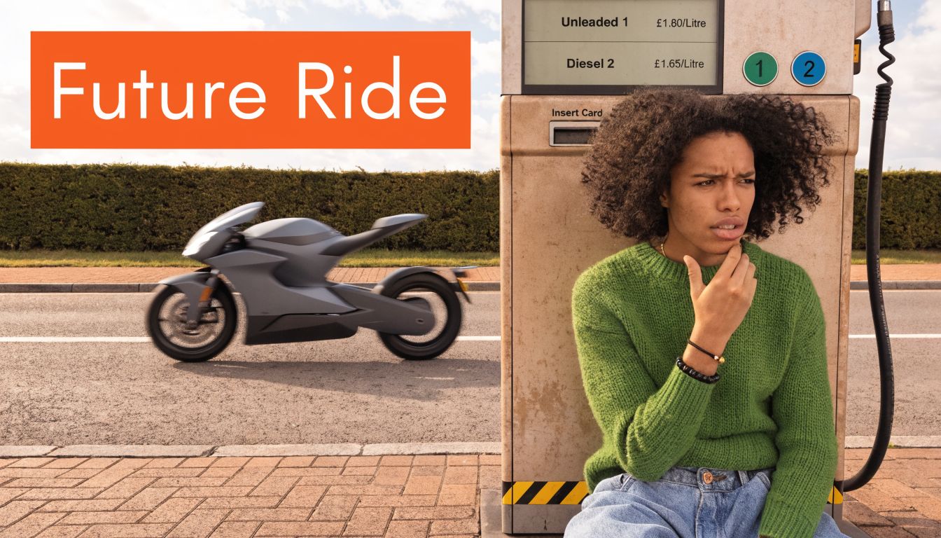 A person sitting by a gas station pump looking puzzled at a futuristic electric motorcycle passing by.