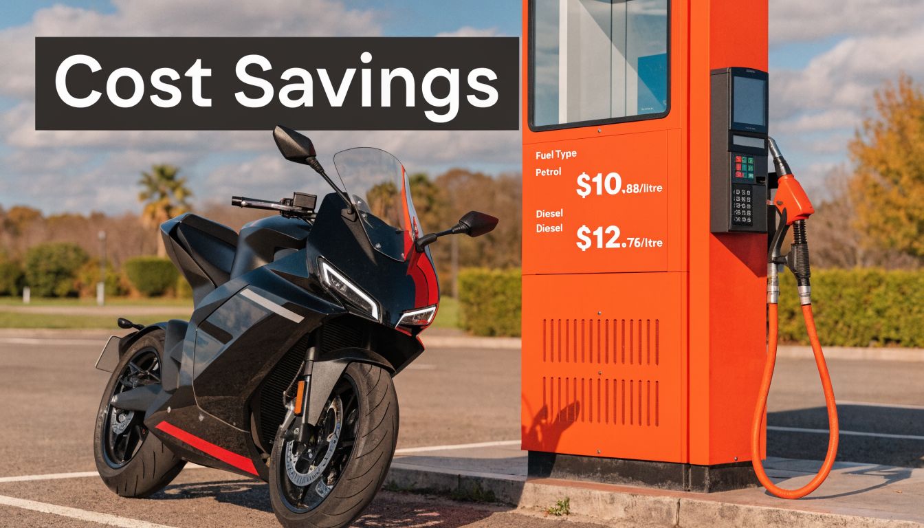 A black sports motorcycle parked next to an orange gas pump displaying high fuel prices.
