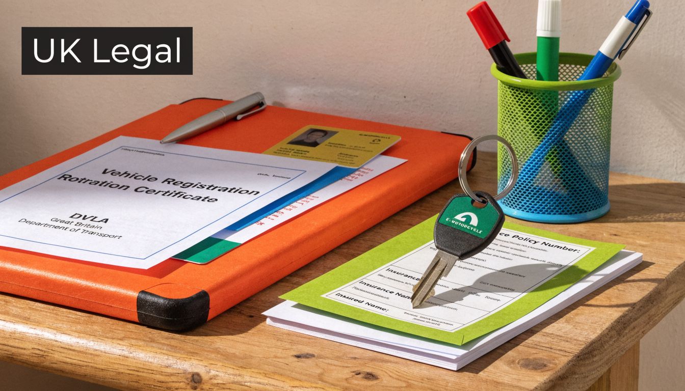 Legal documents and keys for a used electric motorcycle sitting on a wooden office desk surface.