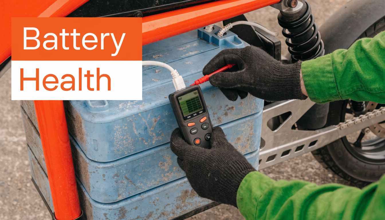 A technician wearing green sleeves and black gloves testing a vehicle battery health with a digital multimeter.