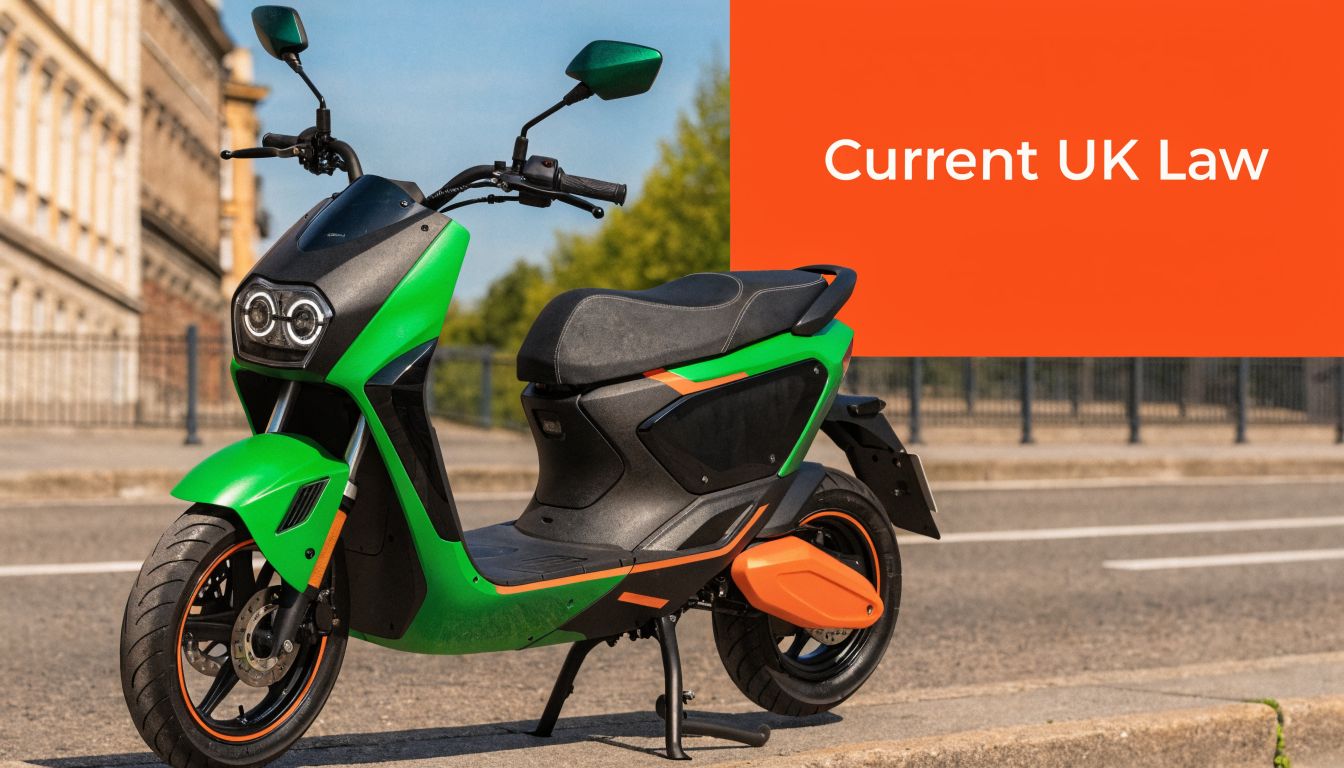A vibrant green and orange electric scooter parked on a street with text overlay current UK law.