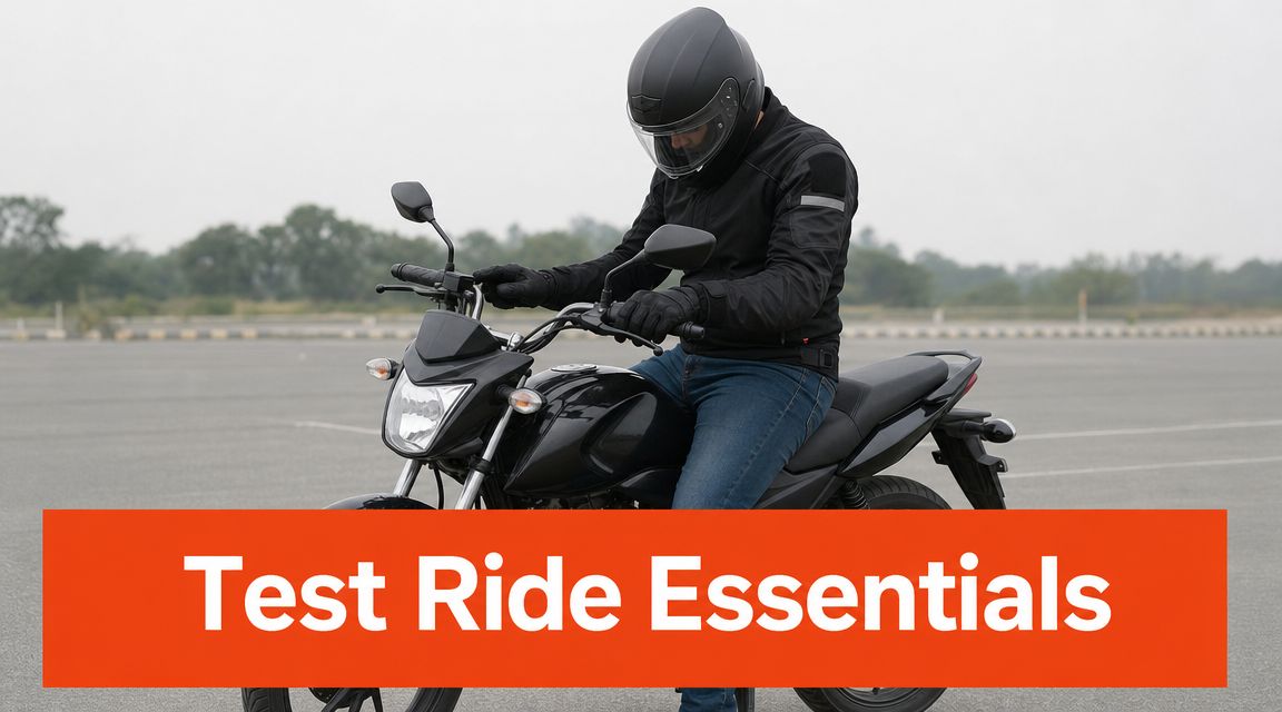 A person wearing a black motorcycle helmet and jacket sitting on a motorcycle during a test ride.
