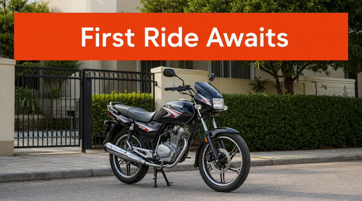 A black 125cc motorbike parked on a suburban street with a First Ride Awaits banner above it.