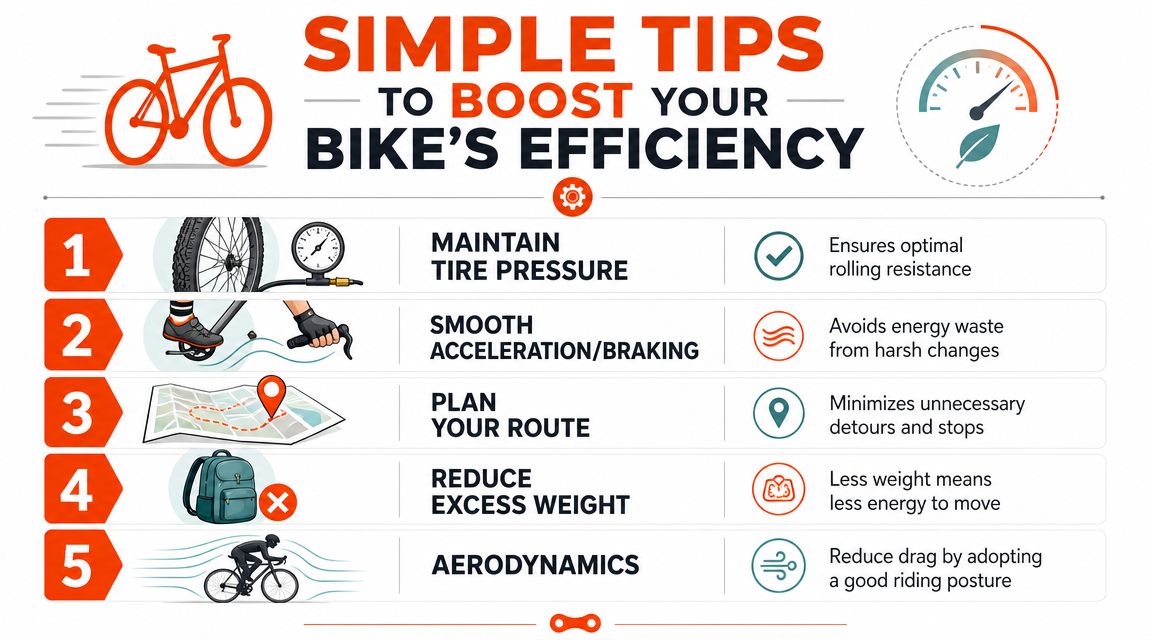 An infographic titled simple tips to boost your bike's efficiency, illustrating five methods for better cycling performance.