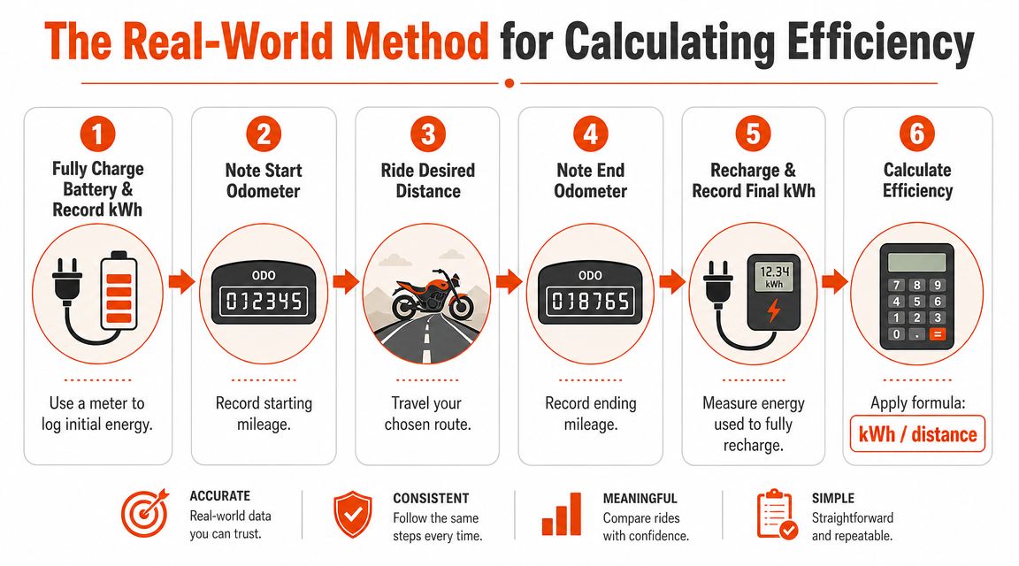 A six-step infographic explaining the real-world method for calculating the energy efficiency of an electric motorcycle.
