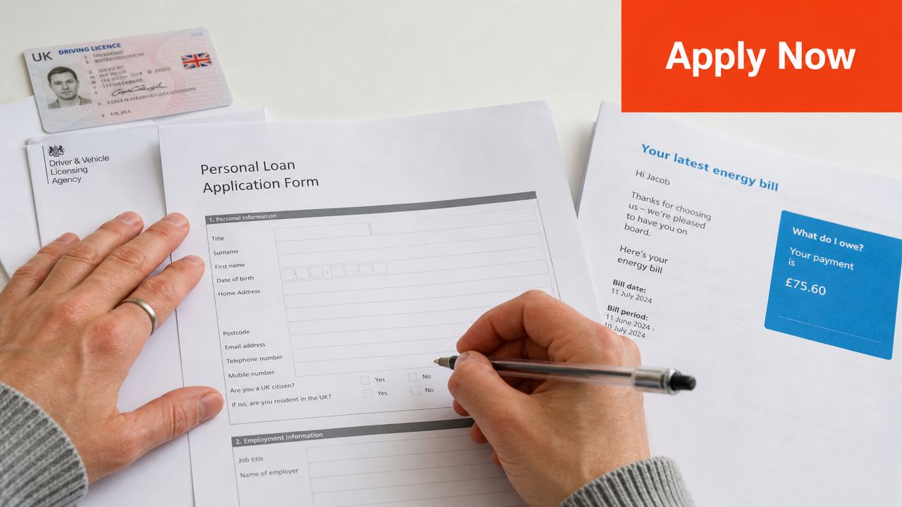 A person filling out a personal loan application form with a UK driving license and energy bill nearby.