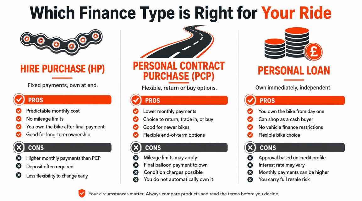 A comparison infographic showing the pros and cons of Hire Purchase, Personal Contract Purchase, and Personal Loans.
