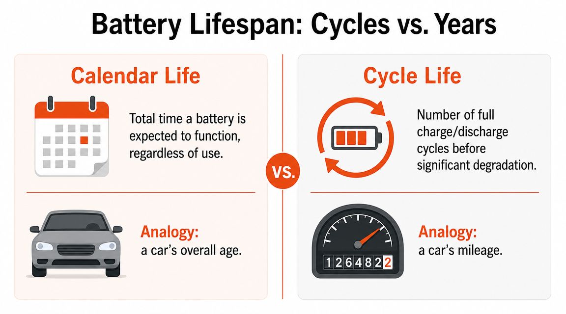 An infographic illustrating the difference between battery calendar life and cycle life using car analogies.