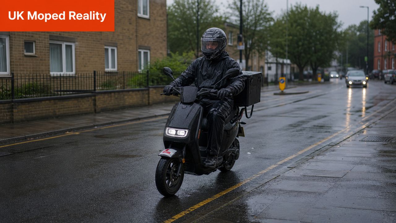 A delivery rider wearing waterproof gear on a black electric moped on a wet London street.