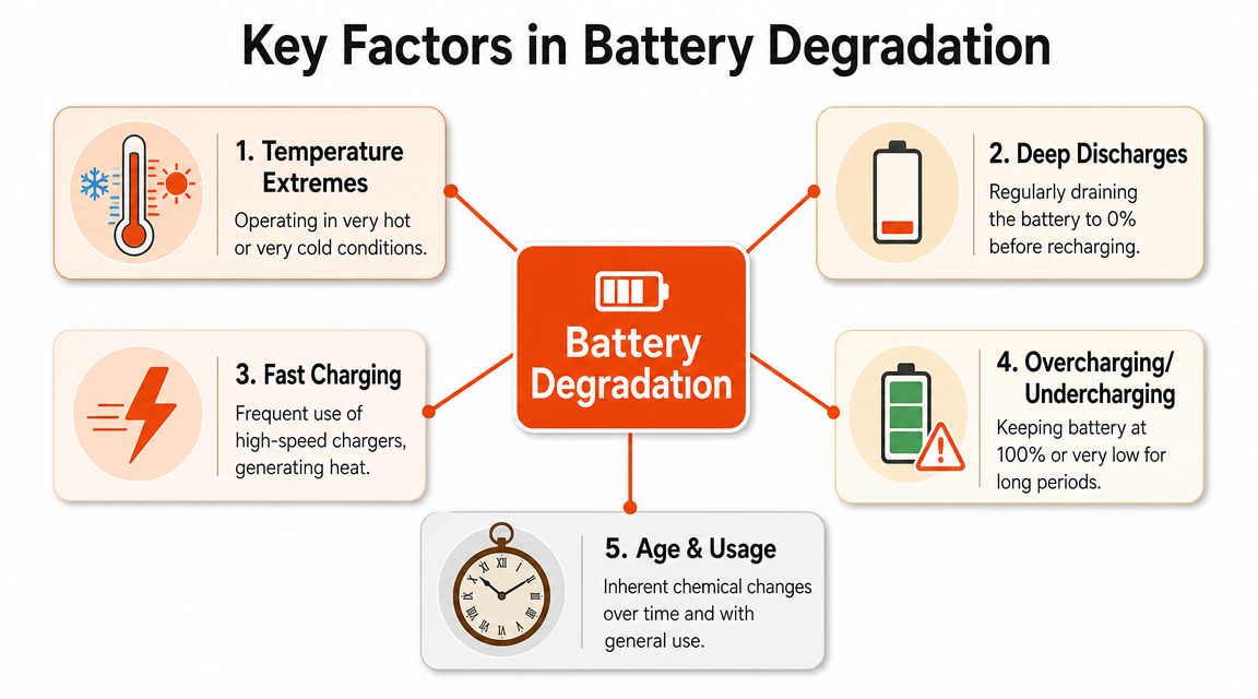 A diagram illustrating five key factors that contribute to battery degradation and performance loss.