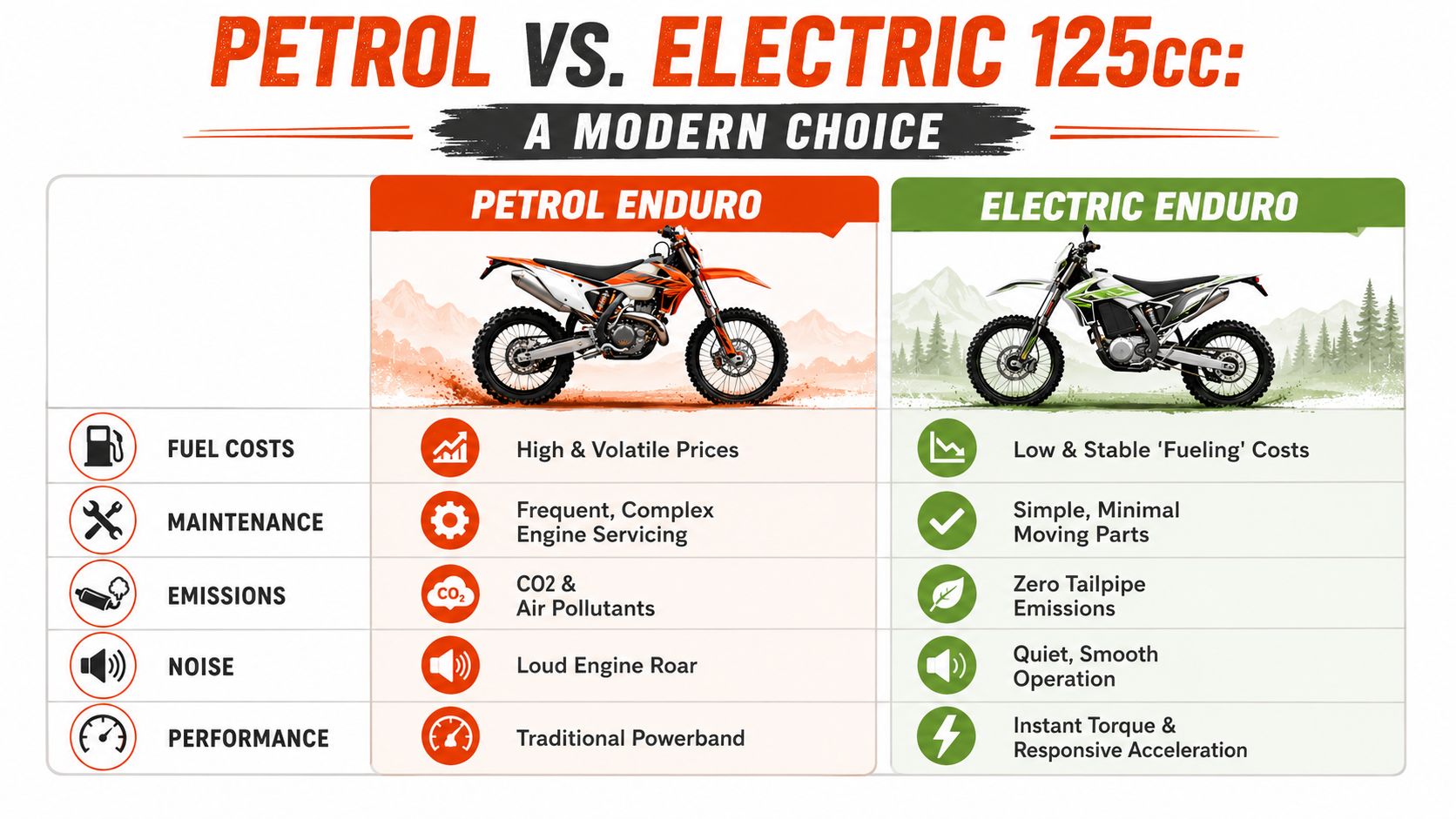 A comparison infographic between petrol and electric enduro 125cc motorcycles, detailing costs, maintenance, emissions, noise, and performance.