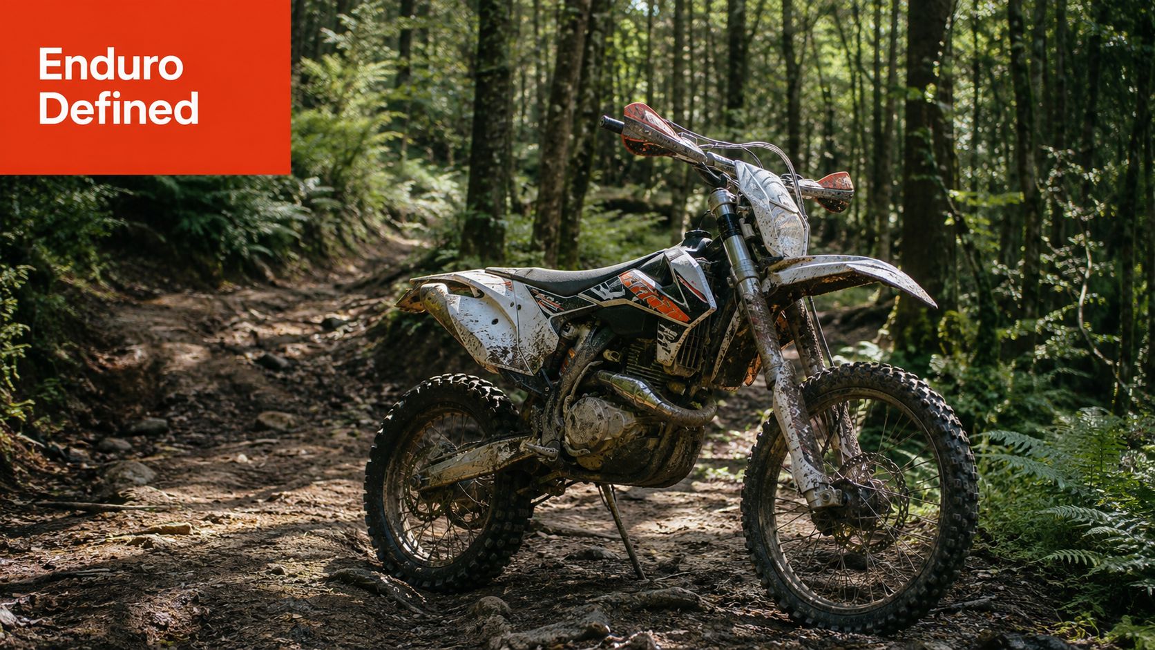 A dirty white enduro dirt bike parked on a rough, muddy trail within a dense forest.