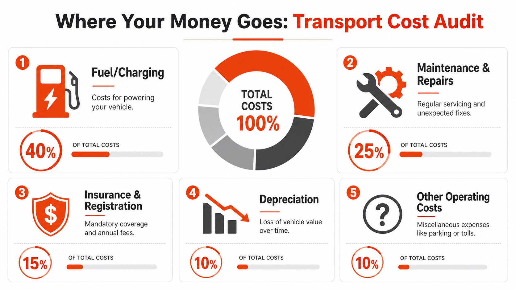 An infographic showing a breakdown of transport costs including fuel, maintenance, insurance, depreciation, and other operating expenses.