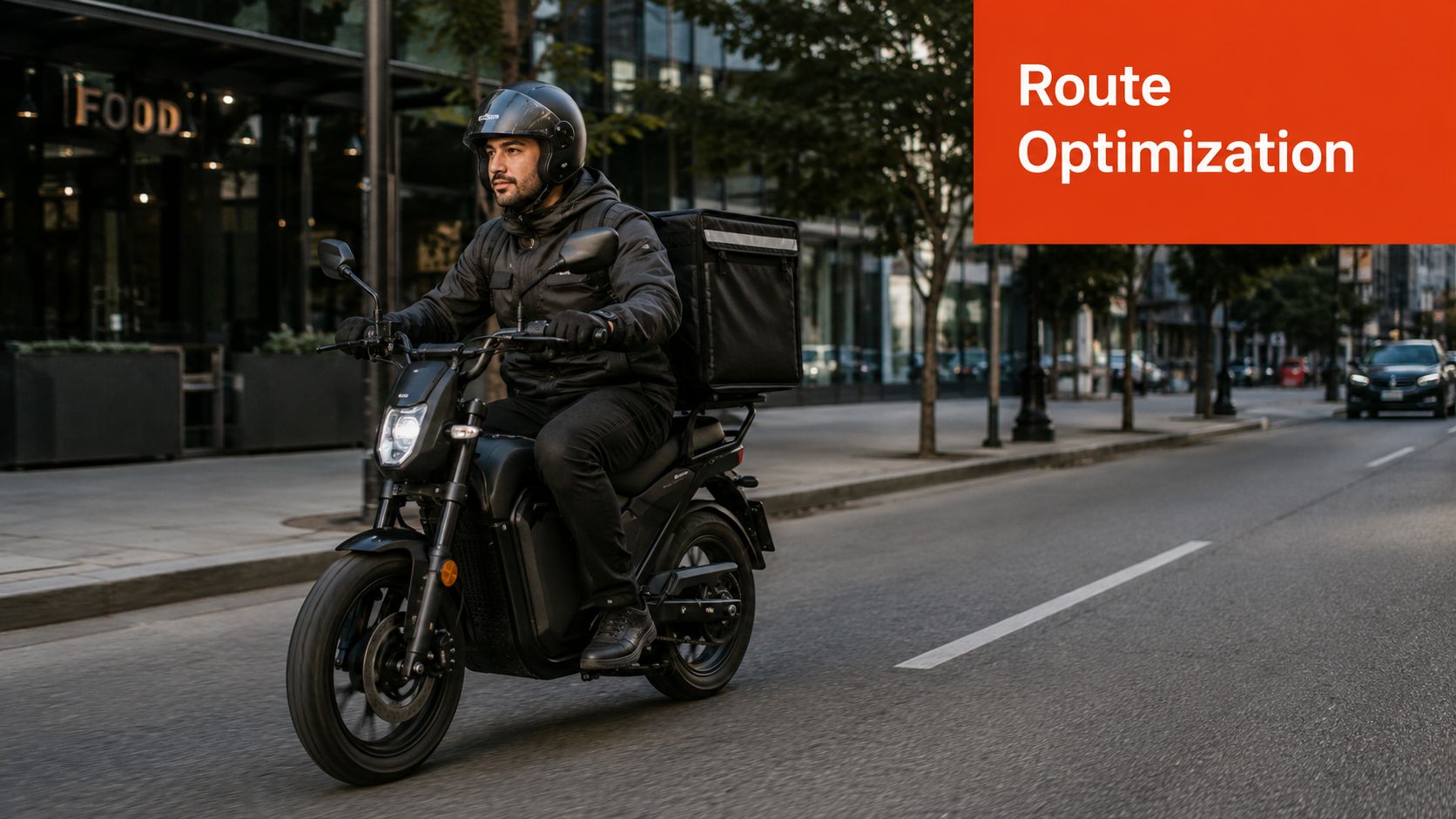 A delivery rider wearing a helmet driving an electric scooter through a modern city street at dusk.