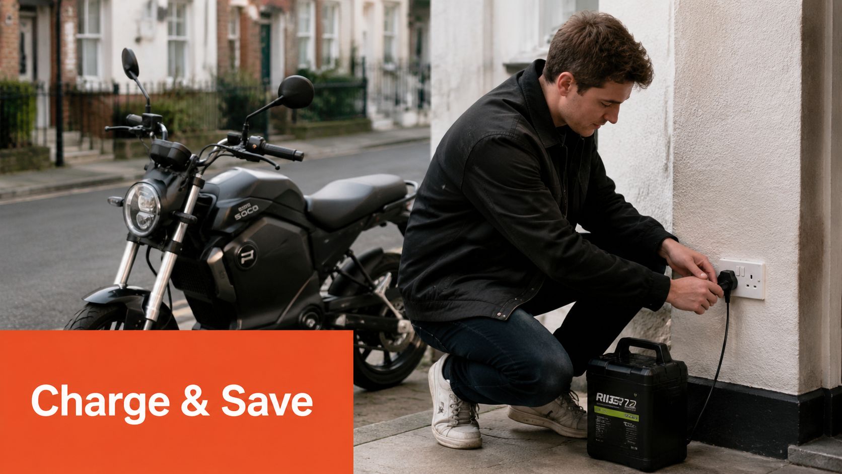 A man crouching on a sidewalk, charging the battery of a black Super Soco electric motorbike.