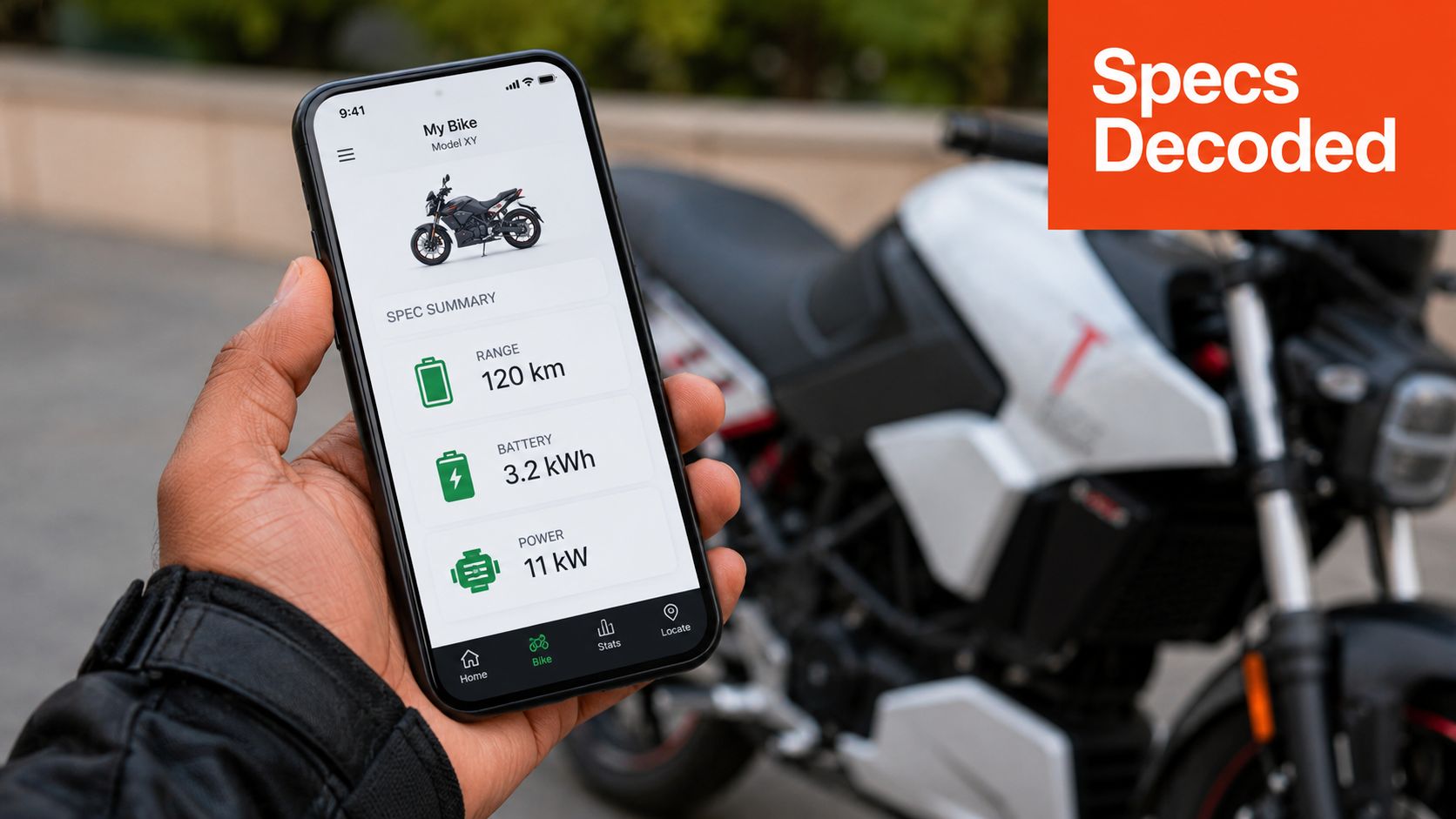 A hand holding a smartphone showing electric motorbike specifications on an app display screen.