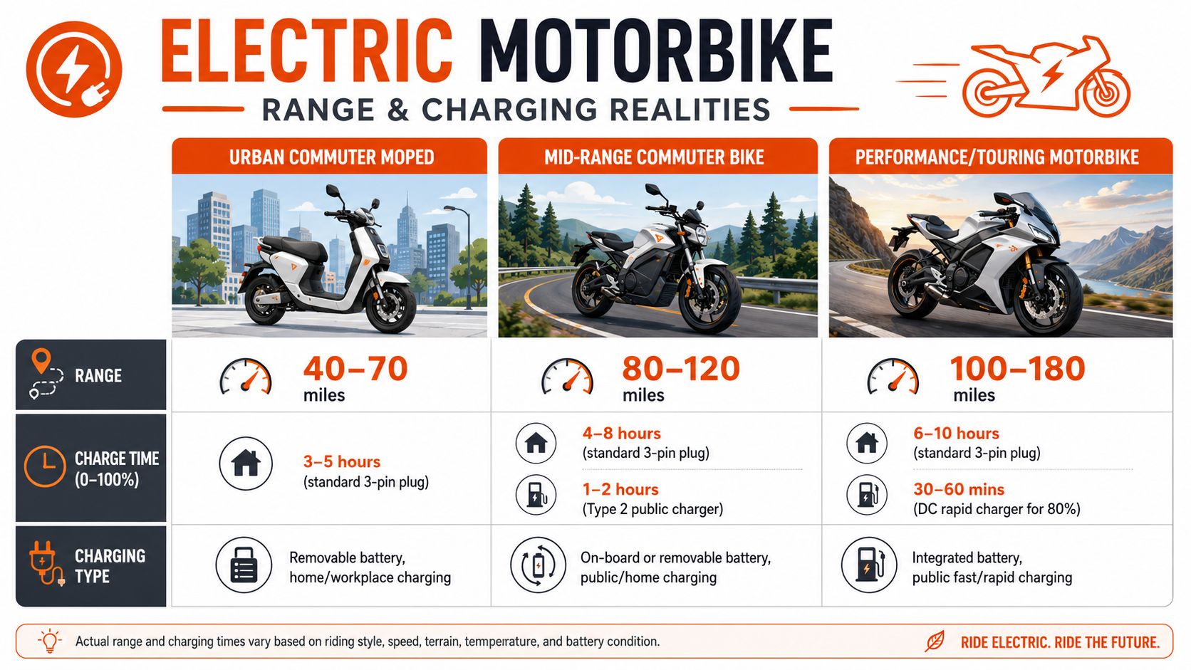 A comparison chart showing the range and charging times for urban, mid-range, and performance electric motorbikes.