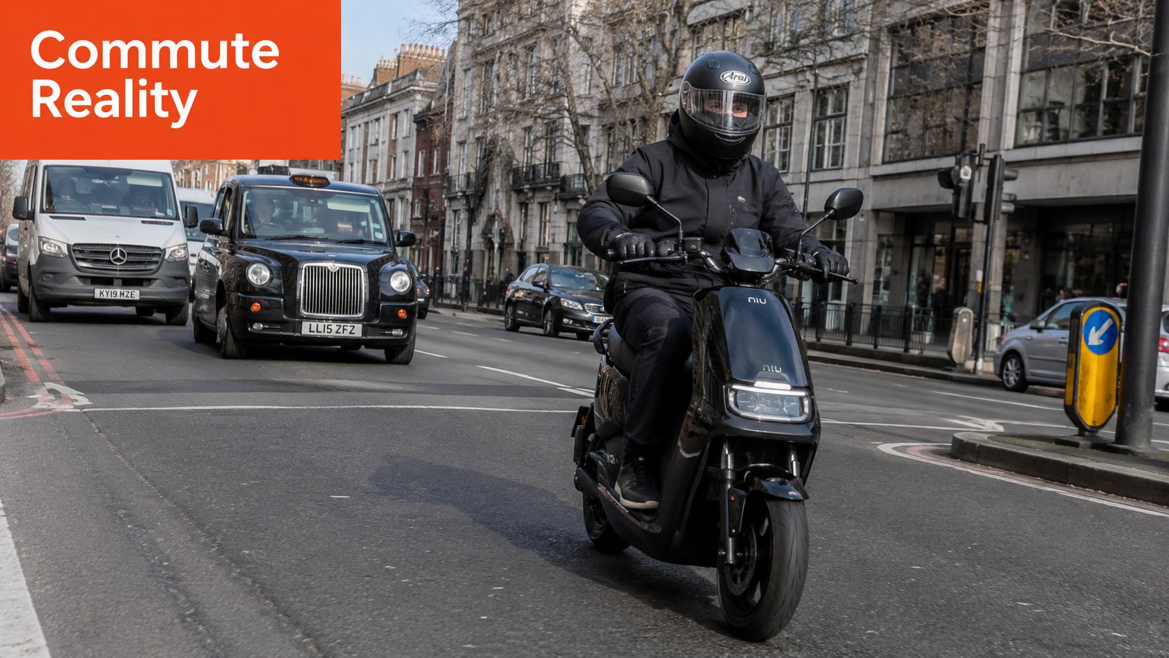 A person wearing a helmet riding a black Niu electric scooter on a city street in London.