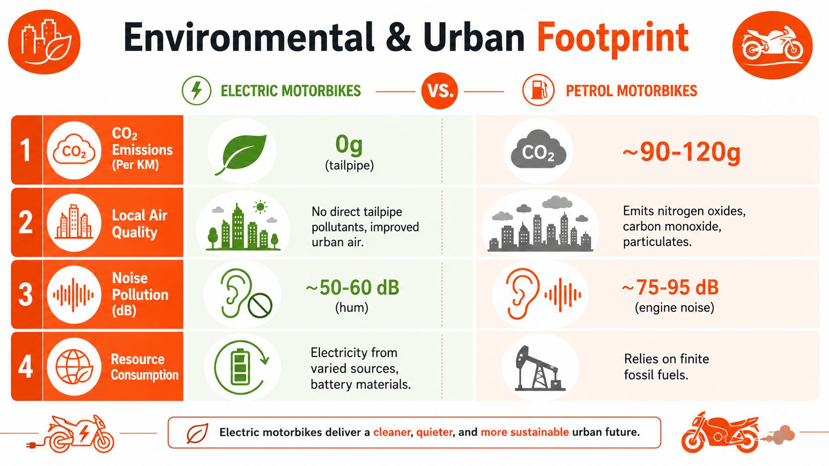 A comparison chart showing the environmental benefits of electric motorbikes versus traditional petrol-powered motorbikes for urban areas.