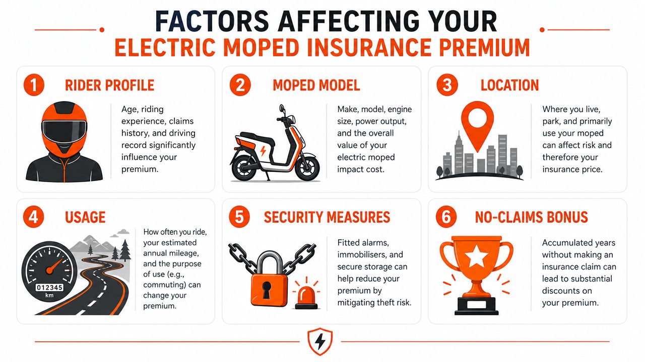 An infographic showing six key factors that influence the cost of electric moped insurance premiums.