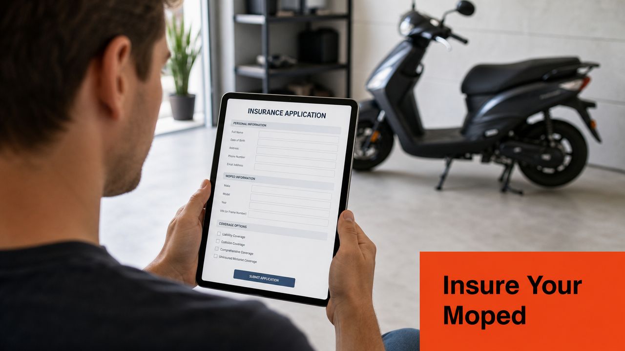 A man filling out an online moped insurance application form on a digital tablet in a garage.