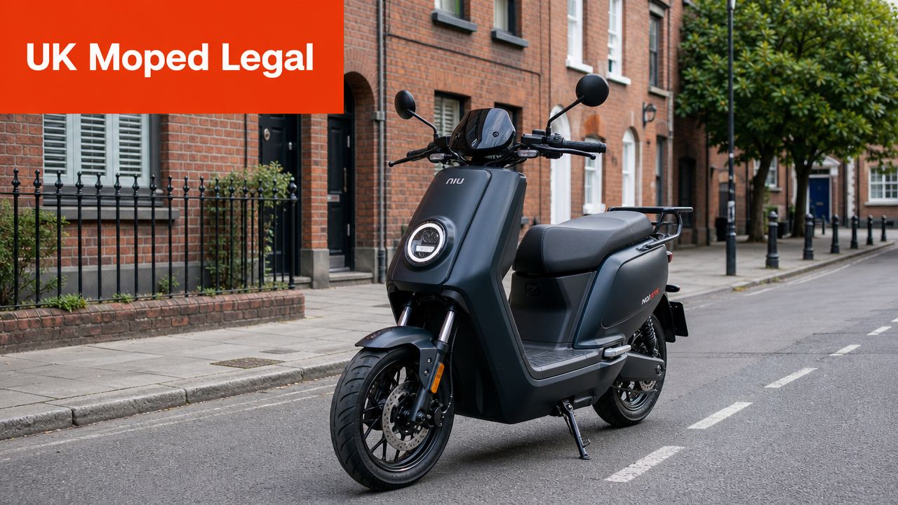A matte black electric moped parked on a brick-lined street in a residential area.