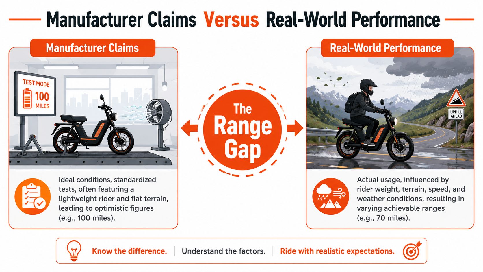 An infographic comparing electric moped range claims under ideal laboratory test conditions versus real-world road performance factors.