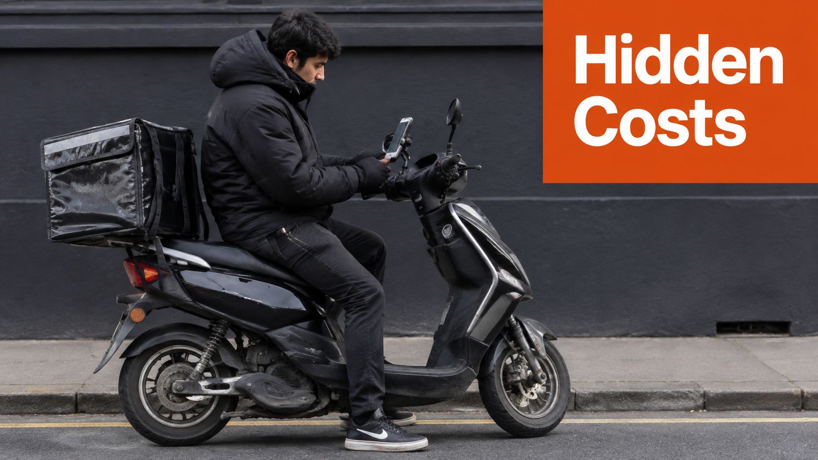 A food delivery rider sitting on a scooter checking his smartphone on a city street.