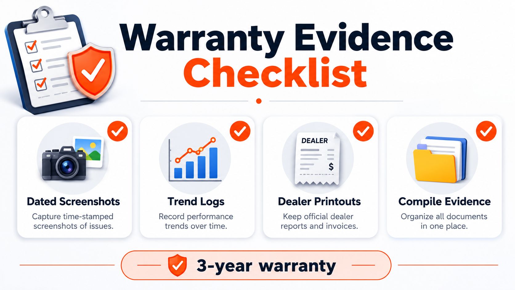 A visual guide outlining a four-step checklist for collecting and organizing warranty evidence to support warranty claims.
