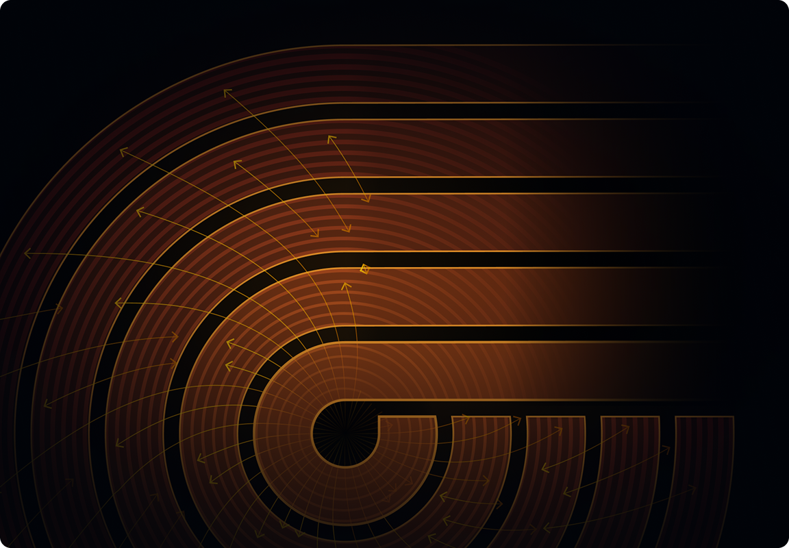 Abstract dark circular maze with concentric arcs and thin golden arrows radiating outward in various directions.