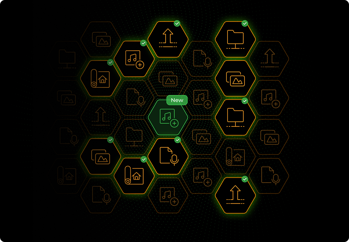 Honeycomb grid of hexagons with various yellow outlined file icons on a dark background, one central hexagon highlighted in green labeled 'New' with music file icon.