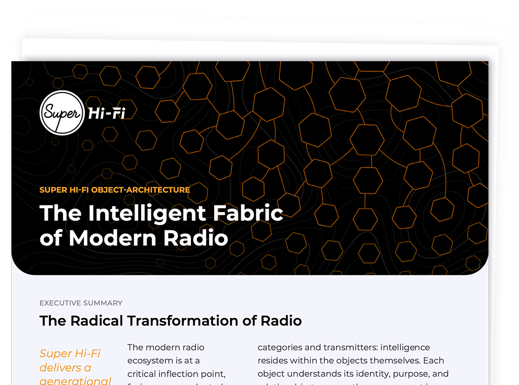Cover page titled 'The Intelligent Fabric of Modern Radio' with abstract hexagonal pattern and a summary on the radical transformation of radio.