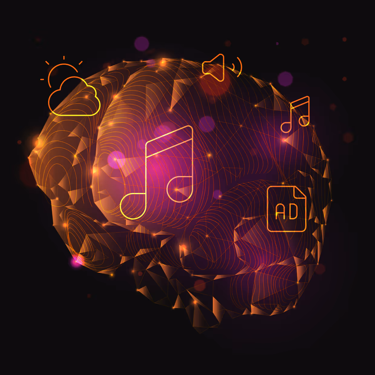 Abstract digital brain with glowing orange contour lines and icons for music, volume, weather, and audio description on a dark background.