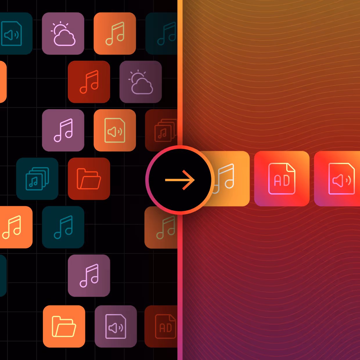 Digital squares with music, folder, sound, weather, and ad icons on a dark grid background transitioning to a row of similar icons on a warm gradient background with a central arrow button.