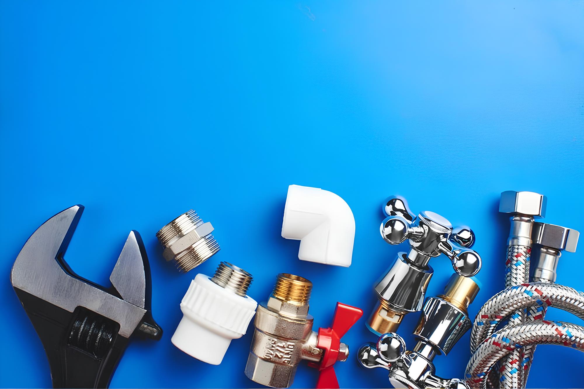 Plumbing tools and fixtures on blue background.