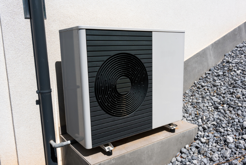 Outdoor air conditioning unit on concrete slab.